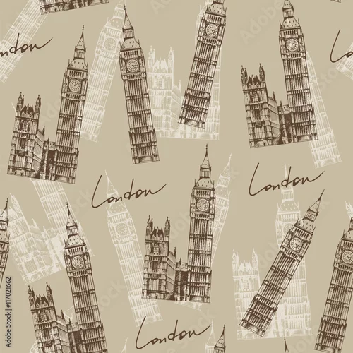 Tapety Wzór w stylu vintage z Big Ben (Elizabeth Tower), Londyn, En
