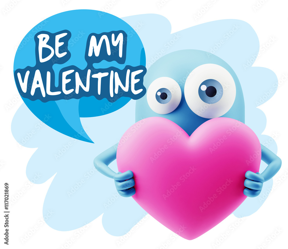 3d Rendering. Love Emoticon Face Holding Heart saying Be My Vale 3d Rendering. Love Emoticon Face Holding Heart saying Be My Vale