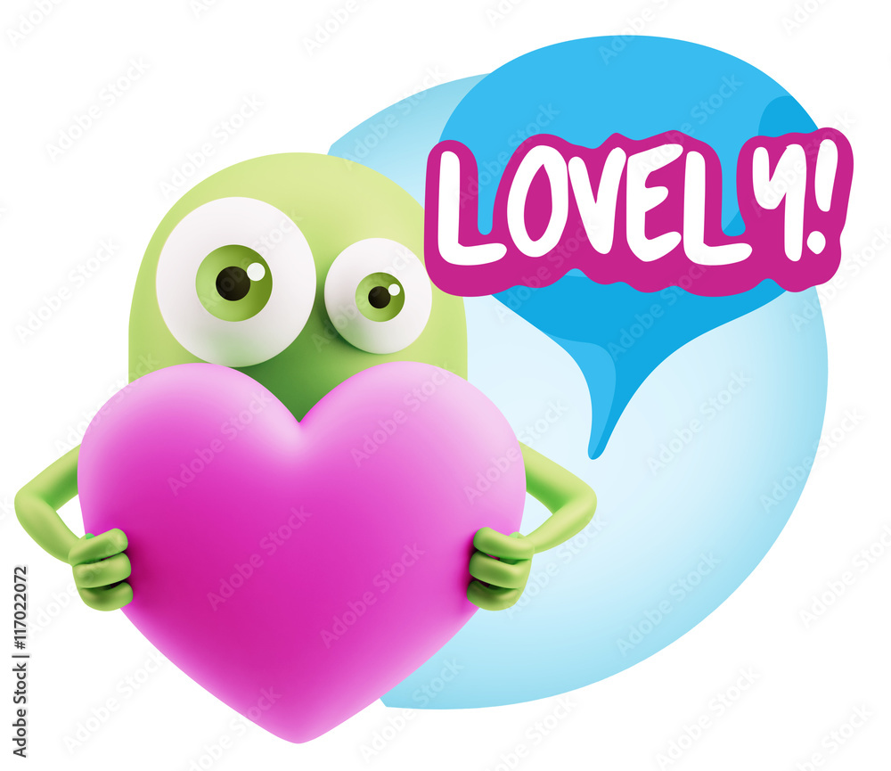 3d Rendering. Love Emoticon Face Holding Heart saying Lovely wit 3d Rendering. Love Emoticon Face Holding Heart saying Lovely wit