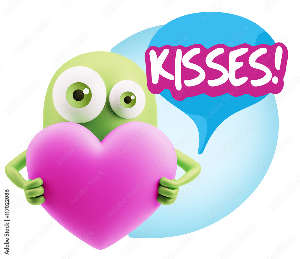 Fototapeta premium 3d Rendering. Love Emoticon Face Holding Heart saying Kisses wit
