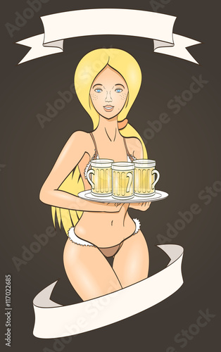 Seductive bar girl with a beer on the tray. For alcoholic catering establishments. Color graphics. Beautiful waitress in a bikini. Summer motif. You can switch the label. Vector.