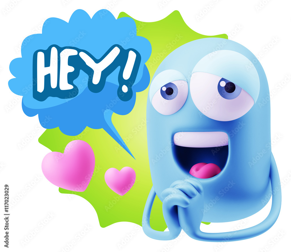 3d Rendering. Love Emoticon Face saying Hey with Colorful Speec 3d Rendering. Love Emoticon Face saying Hey with Colorful Speec