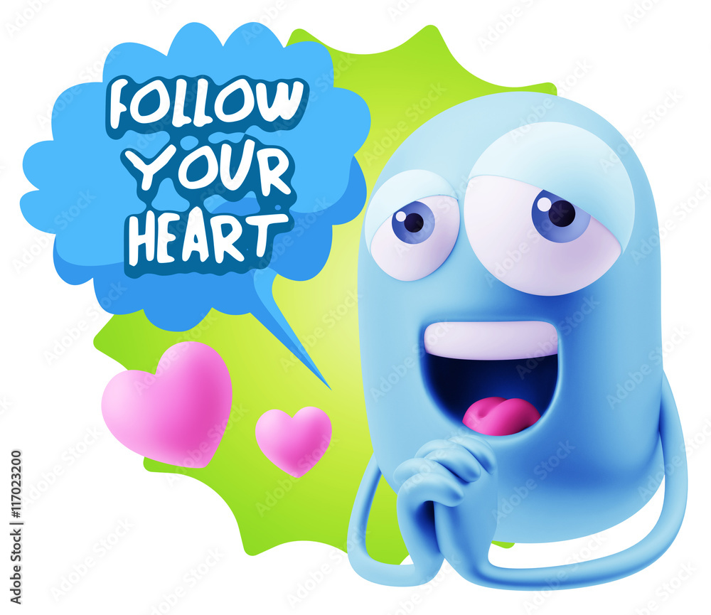 3d Rendering. Love Emoticon Face saying Follow Your Heart with 3d Rendering. Love Emoticon Face saying Follow Your Heart with