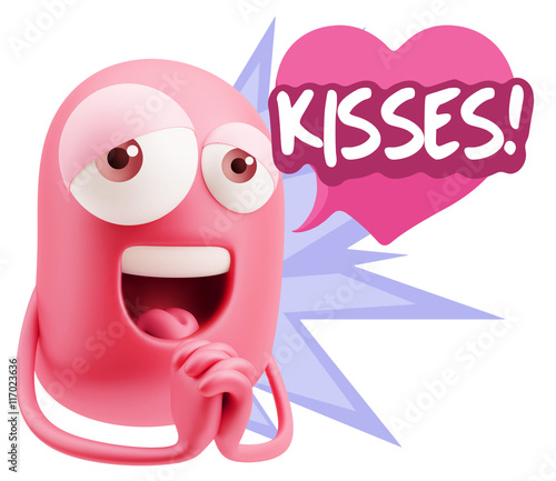  3d Rendering. Love Emoticon Face saying Kisses with Colorful Sp