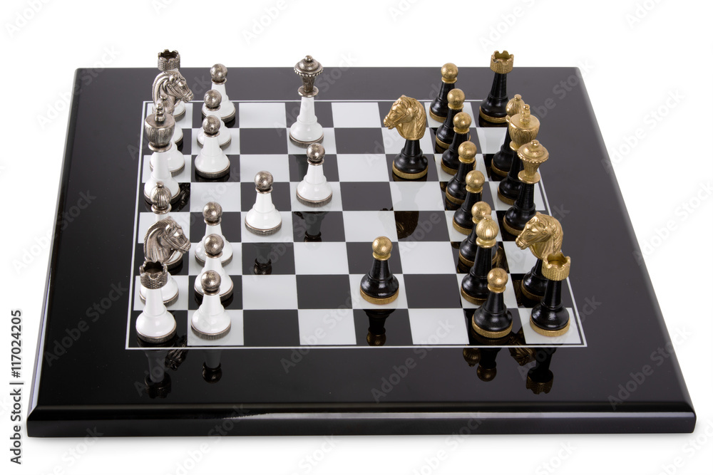 Black board on a white background. Classic black and white pieces with metal heads