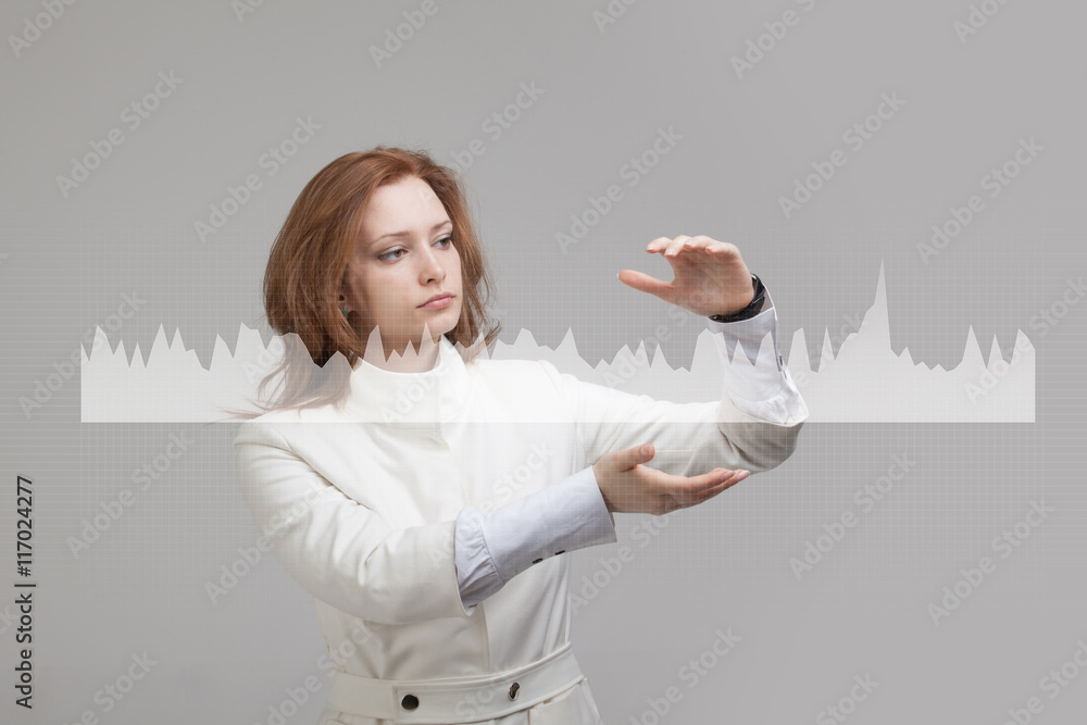 Young woman working with graph chart. Future technologies for busines, stock market concept Young woman working with graph chart. Future technologies for busines, stock market concept