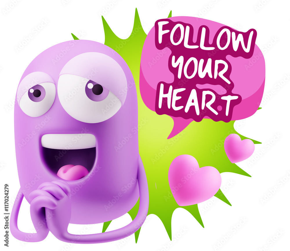 3d Rendering. Love Emoticon Face saying Follow Your Heart with 3d Rendering. Love Emoticon Face saying Follow Your Heart with