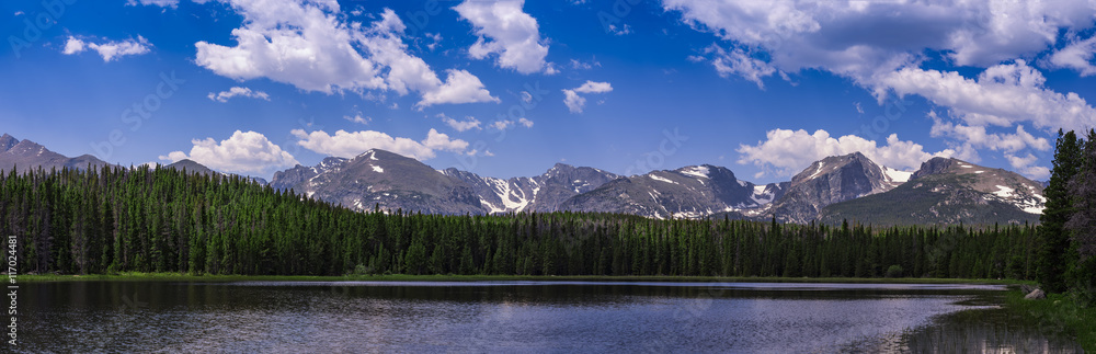 Panoramic view of Bierstadt Lake in Rocky Mountain National Park, Colorado, USA