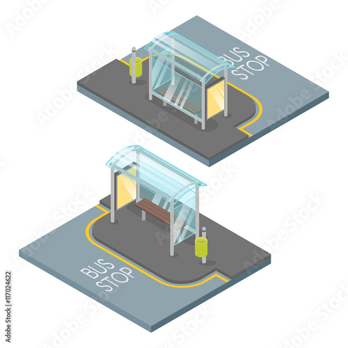 Vector 3d isometric illustration of bus stop.