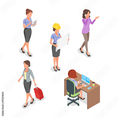Isometric vector set of businesswoman.
