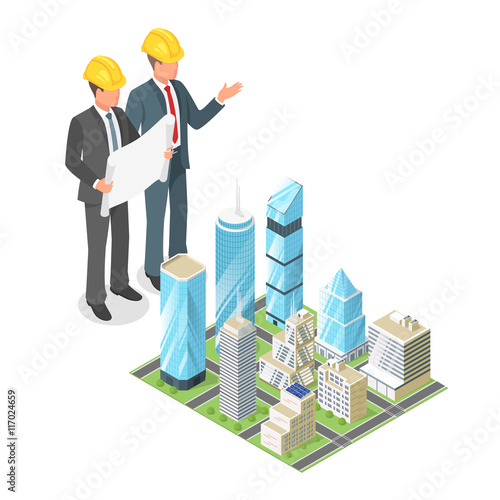 Vector 3d isometric concept of businessman or engeneer in hard hat with city plan