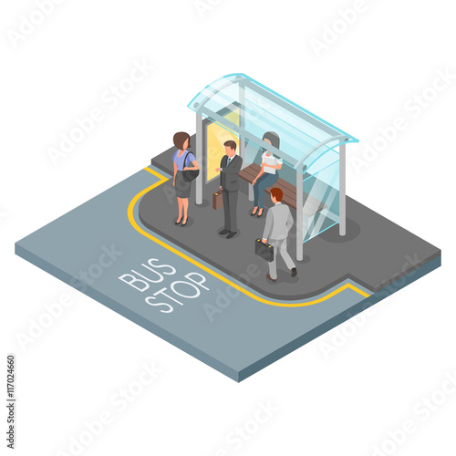 Vector 3d isometric illustration of bus stop with business people.