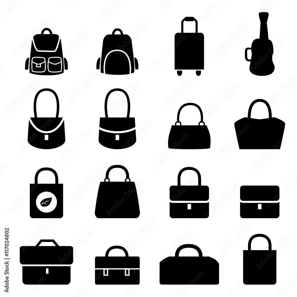 Set of bag icons in silhouette style Set of bag icons in silhouette style