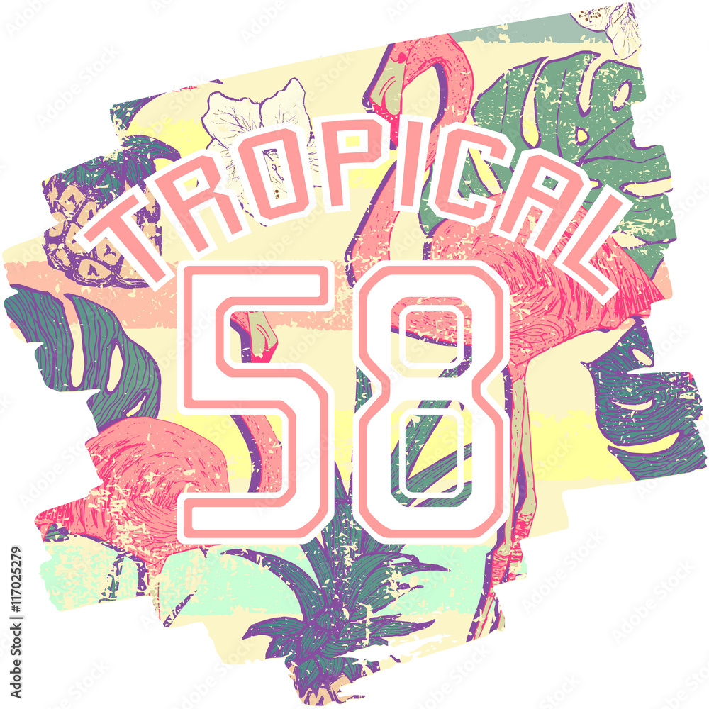Tropical print with flamingos and number in vector