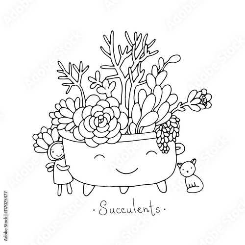 Cartoon cute succulents in pot.