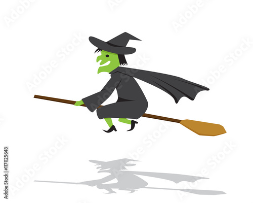 Witch on a broomstick in flat cartoon style