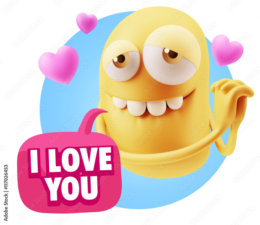 3d Rendering. Emoji in love with hearts shapes saying I Love Yo 3d Rendering. Emoji in love with hearts shapes saying I Love Yo
