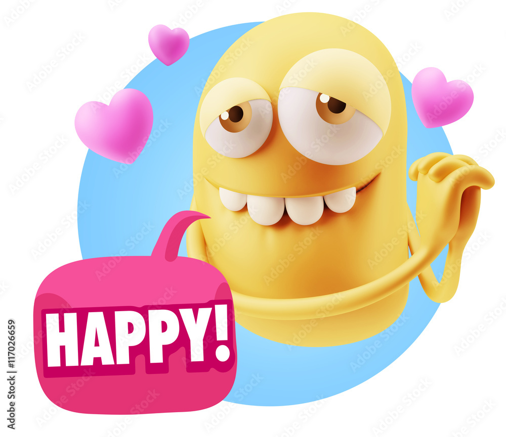  3d Rendering. Emoji in love with hearts shapes saying Happy wit