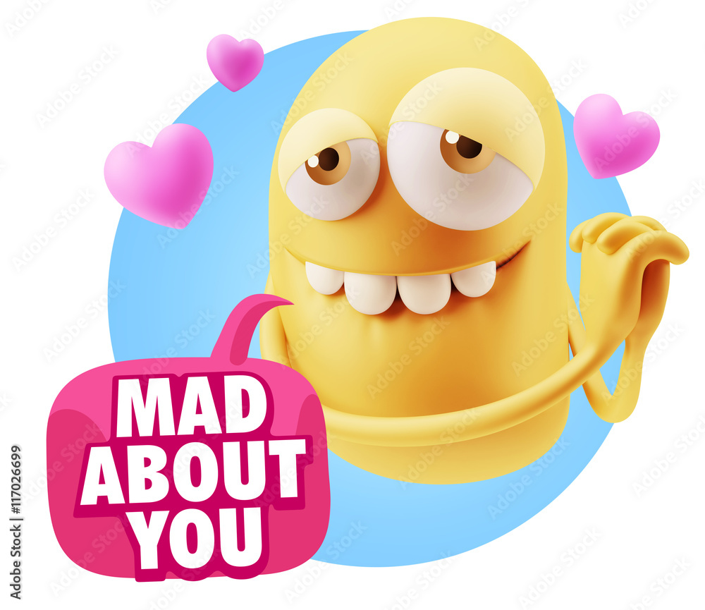 3d Rendering. Emoji in love with hearts shapes saying Mad About 3d Rendering. Emoji in love with hearts shapes saying Mad About
