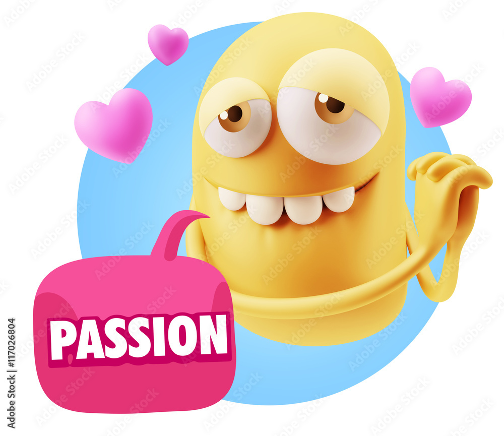 Fototapeta premium 3d Rendering. Emoji in love with hearts shapes saying Passion w