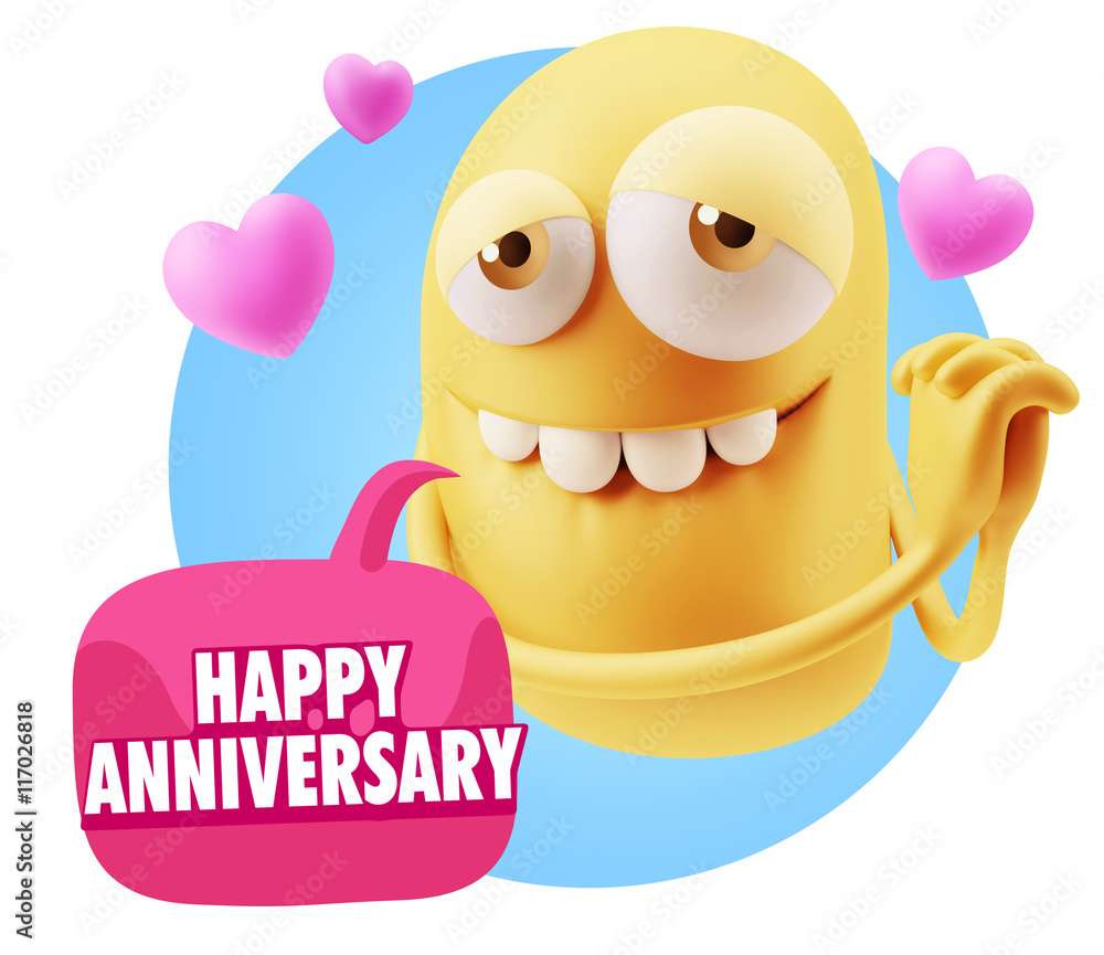 3d Rendering. Emoji in love with hearts shapes saying Happy Ann 3d Rendering. Emoji in love with hearts shapes saying Happy Ann