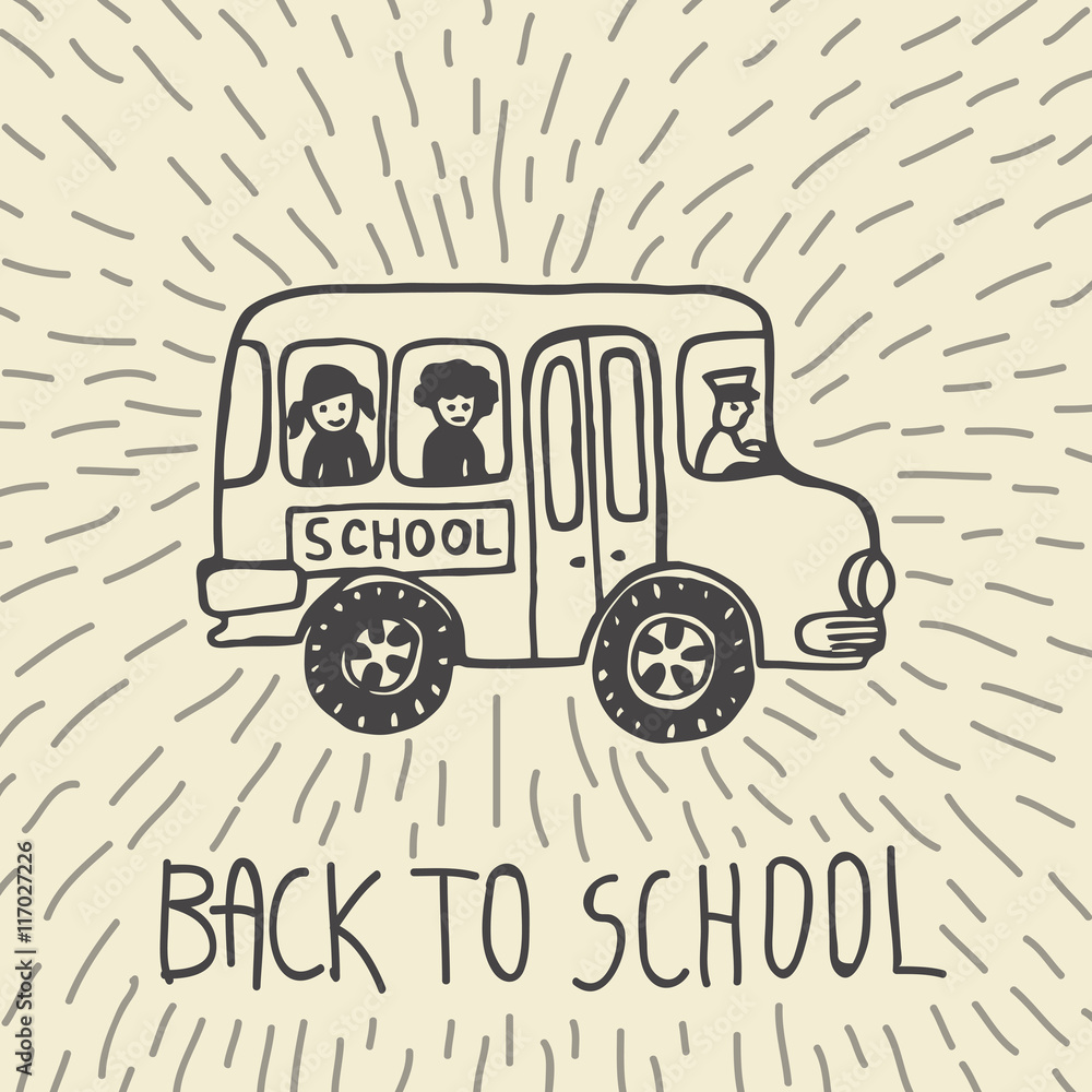 Back to school hand drawn doodle card with school bus and kids Back to school hand drawn doodle card with school bus and kids