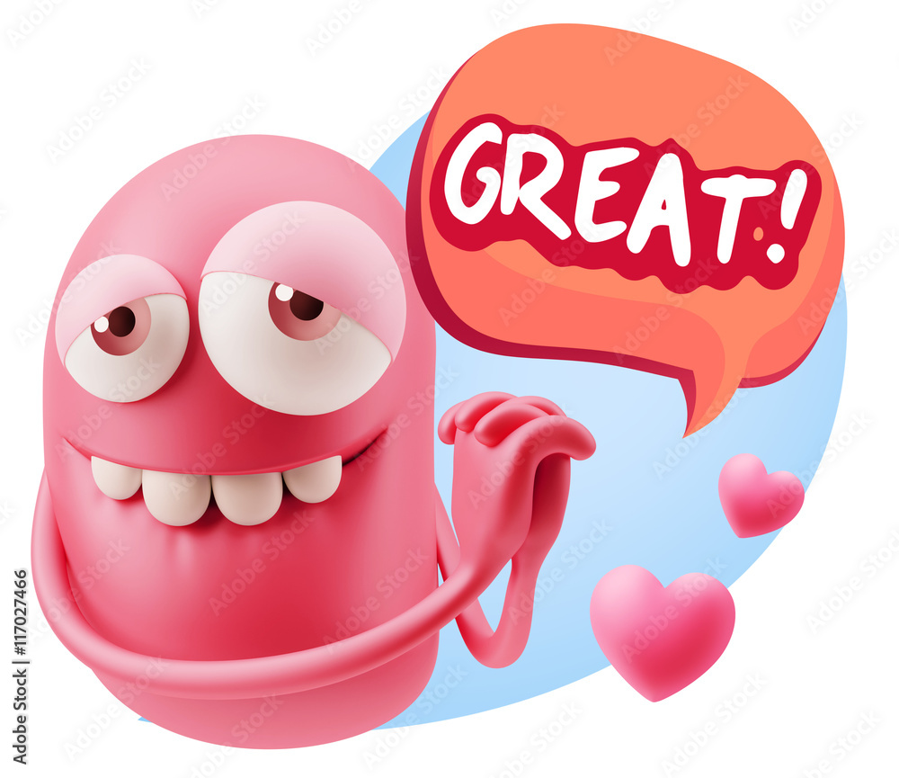 3d Rendering. Emoji in love with hearts shapes saying Great wit 3d Rendering. Emoji in love with hearts shapes saying Great wit