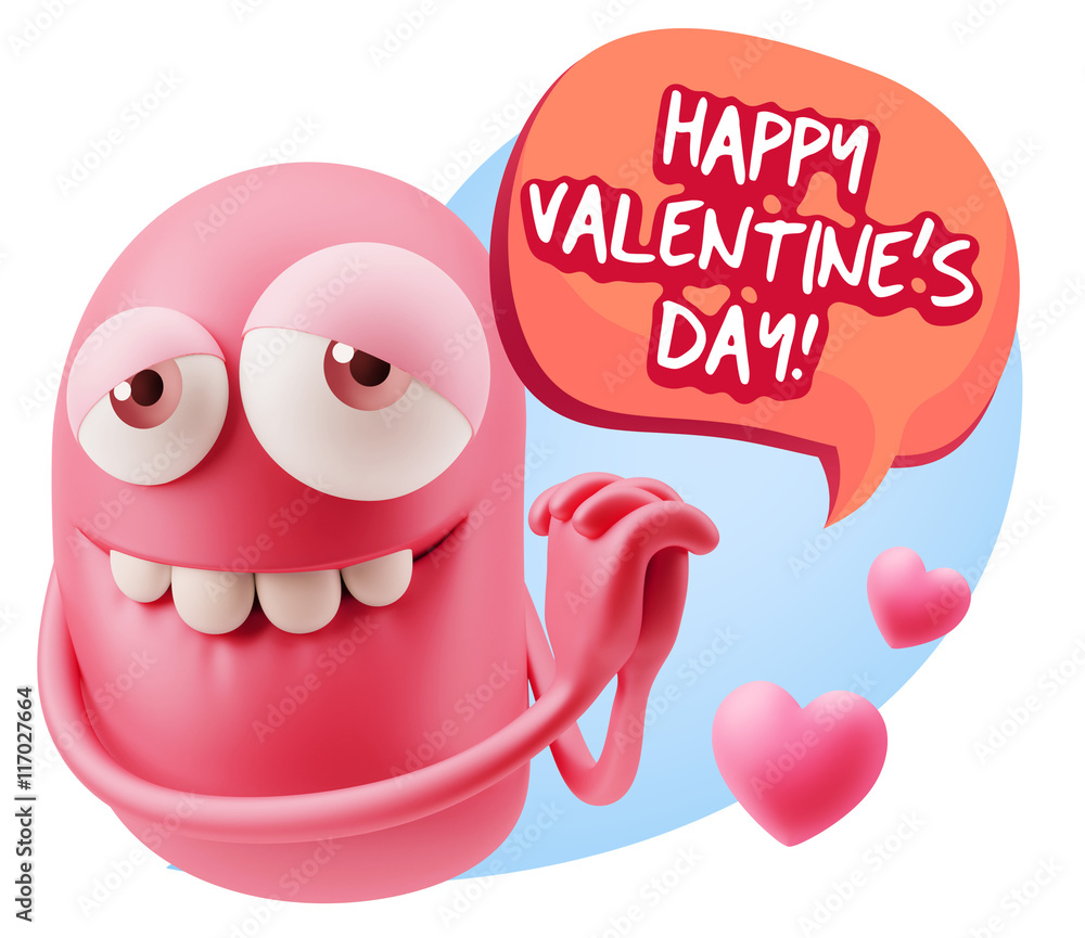  3d Rendering. Emoji in love with hearts shapes saying Happy Val