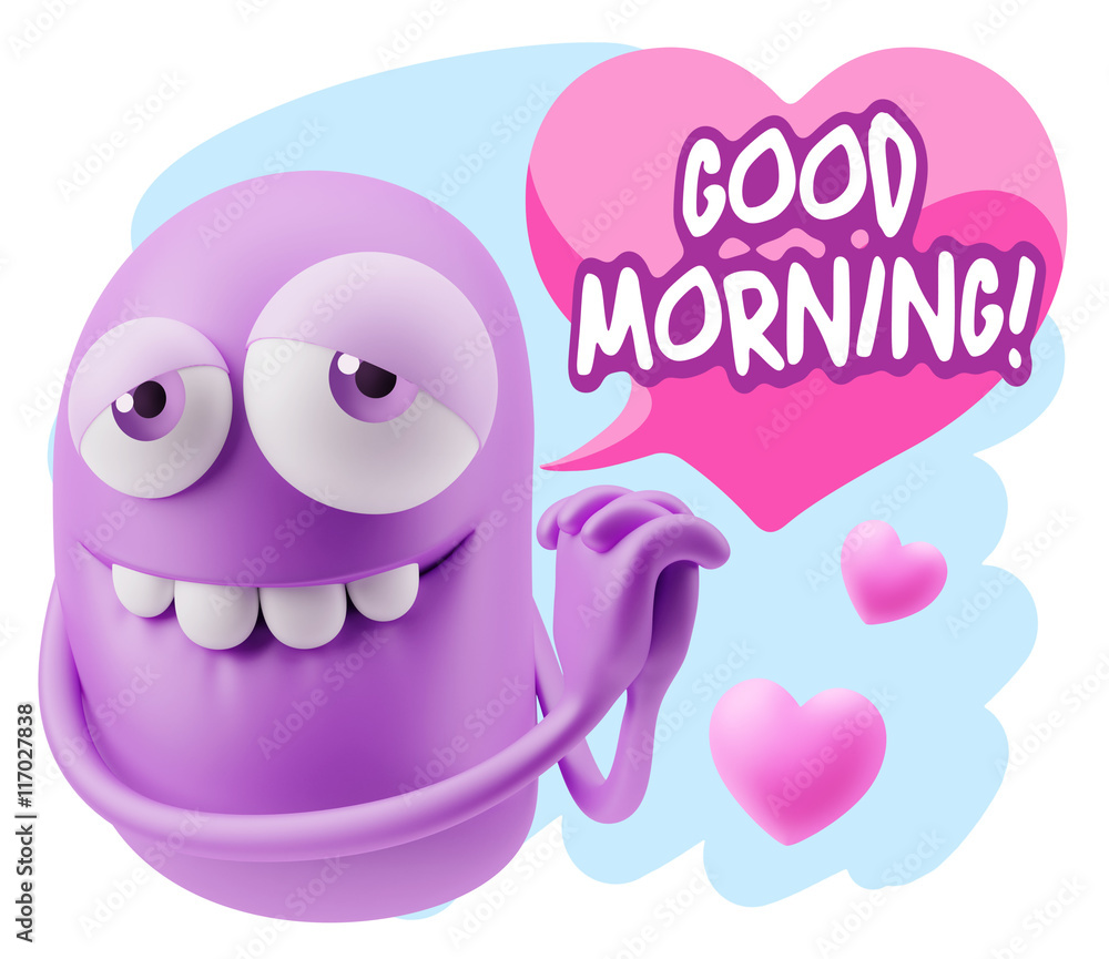 3d Rendering. Emoji in love with hearts shapes saying Good Morn 3d Rendering. Emoji in love with hearts shapes saying Good Morn