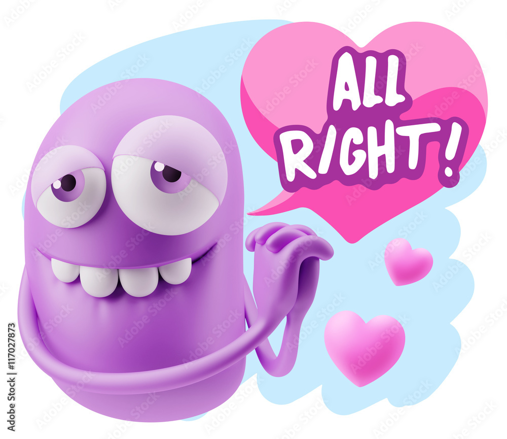 Obraz premium 3d Rendering. Emoji in love with hearts shapes saying All Right