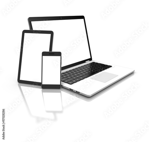 Modern laptop, tablet and smartphone isolated on white. 