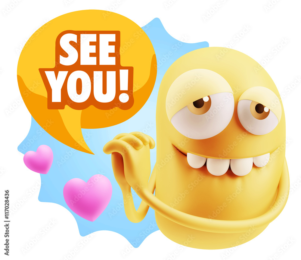 3d Rendering. Emoji in love with hearts shapes saying See You w 3d Rendering. Emoji in love with hearts shapes saying See You w