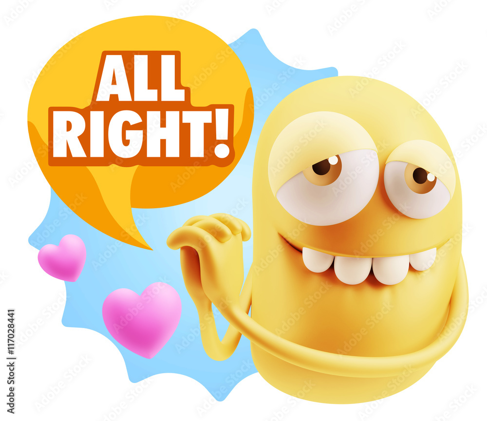 3d Rendering. Emoji in love with hearts shapes saying All Right 3d Rendering. Emoji in love with hearts shapes saying All Right
