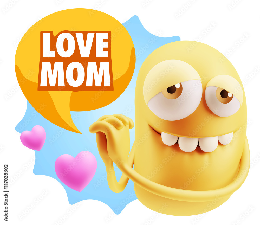 3d Rendering. Emoji in love with hearts shapes saying Love Mom 3d Rendering. Emoji in love with hearts shapes saying Love Mom