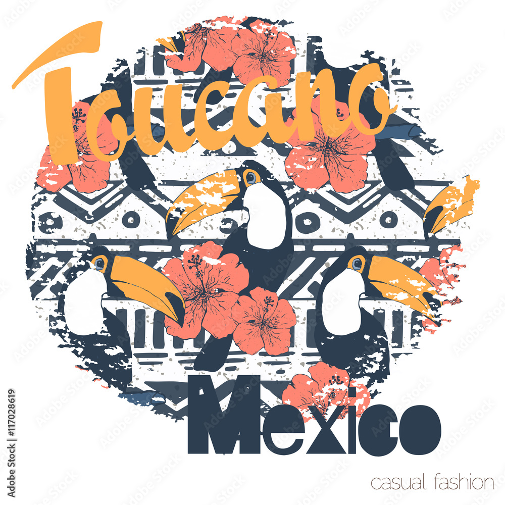 Tropical print with toucans and slogan in vector