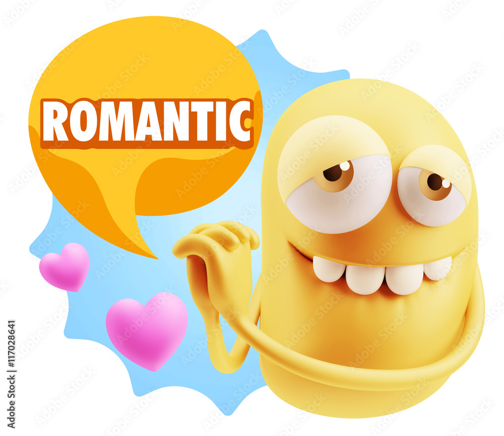 3d Rendering. Emoji in love with hearts shapes saying Romantic 3d Rendering. Emoji in love with hearts shapes saying Romantic