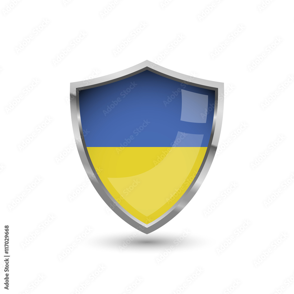Fototapeta premium National flag of Ukraine. Flag on the metal shield with glare.