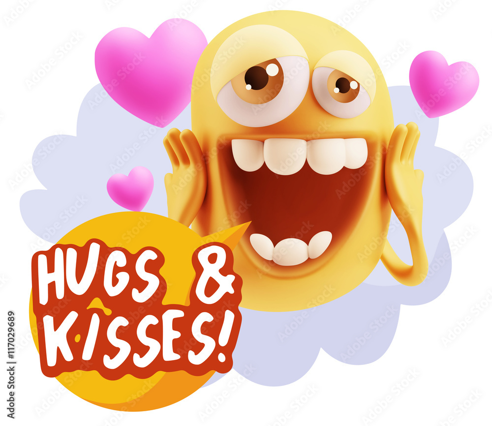 3d Rendering. Love Emoticon Face with hands on cheeks saying Hug 3d Rendering. Love Emoticon Face with hands on cheeks saying Hug