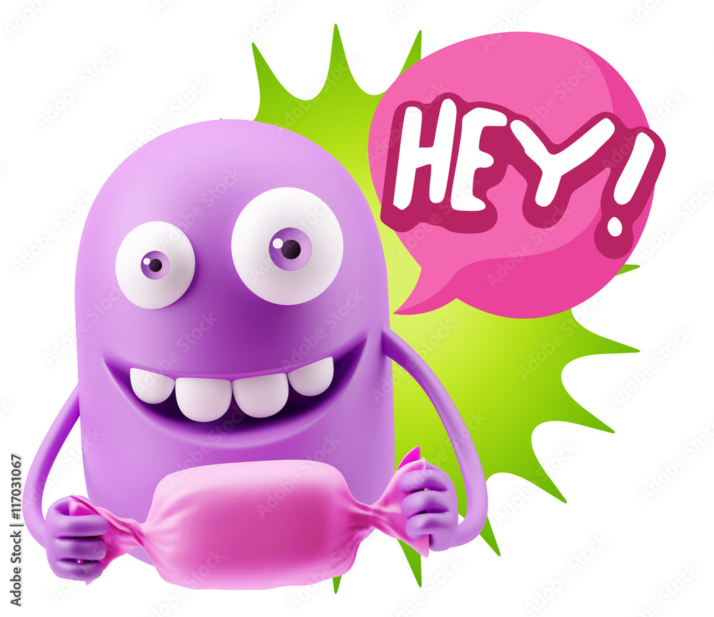 3d Rendering. Candy Gift Emoticon Face saying Hey with Colorful 3d Rendering. Candy Gift Emoticon Face saying Hey with Colorful