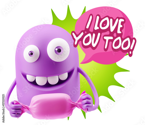 3d Rendering. Candy Gift Emoticon Face saying I Love You Too wit