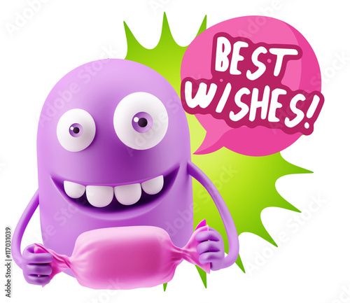 3d Rendering. Candy Gift Emoticon Face saying Best Wishes with C