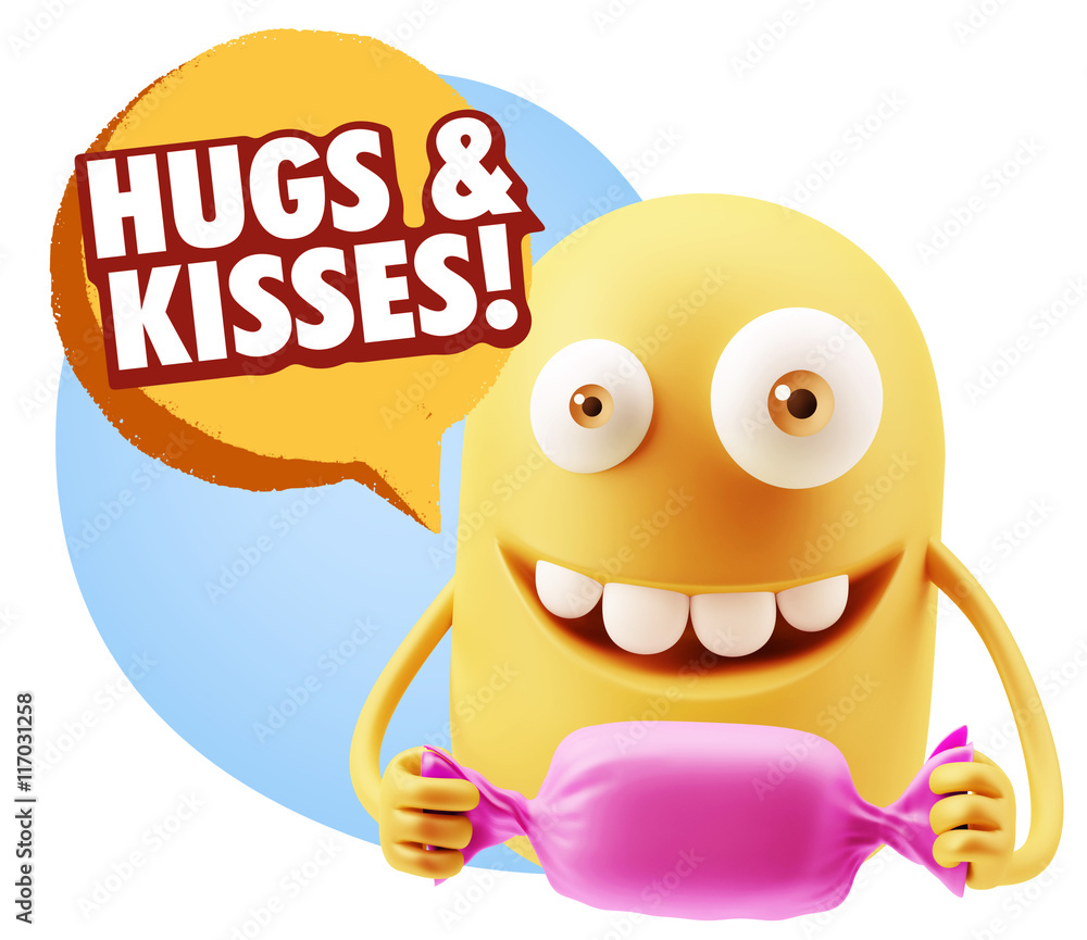 3d Rendering. Candy Gift Emoticon Face saying Hugs And Kisses wi