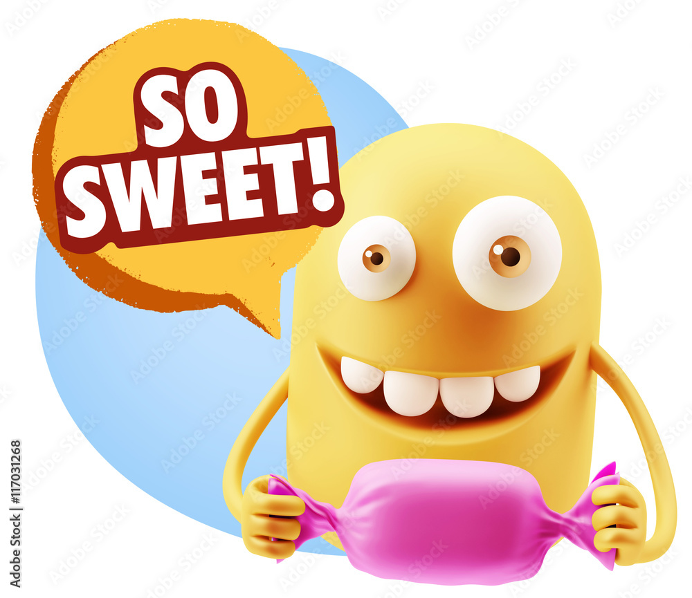 3d Rendering. Candy Gift Emoticon Face saying So Sweet with Colo 3d Rendering. Candy Gift Emoticon Face saying So Sweet with Colo