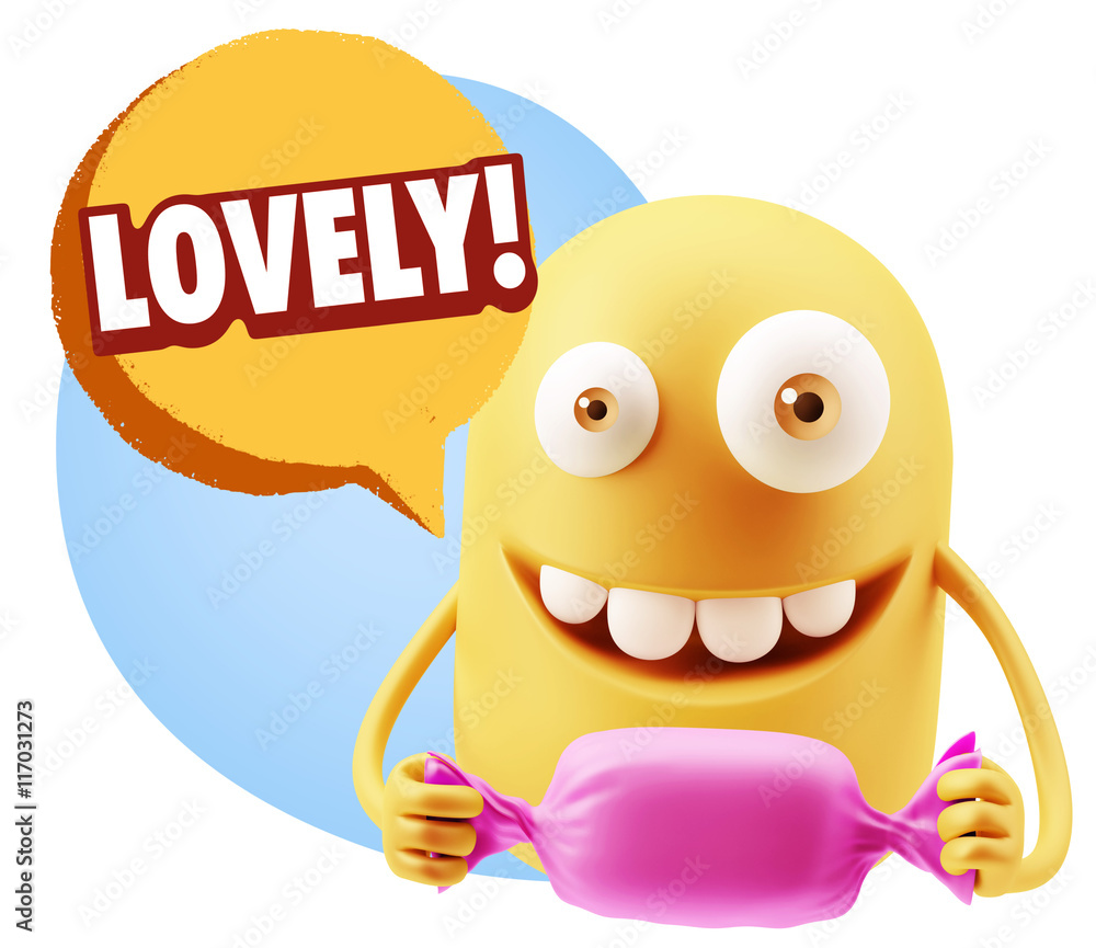 3d Rendering. Candy Gift Emoticon Face saying Lovely with Colorf 3d Rendering. Candy Gift Emoticon Face saying Lovely with Colorf