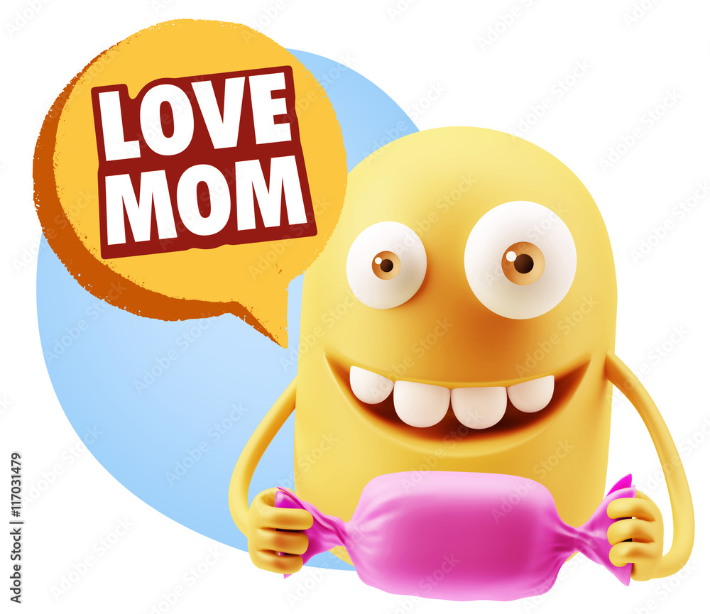 3d Rendering. Candy Gift Emoticon Face saying Love Mom with Colo 3d Rendering. Candy Gift Emoticon Face saying Love Mom with Colo