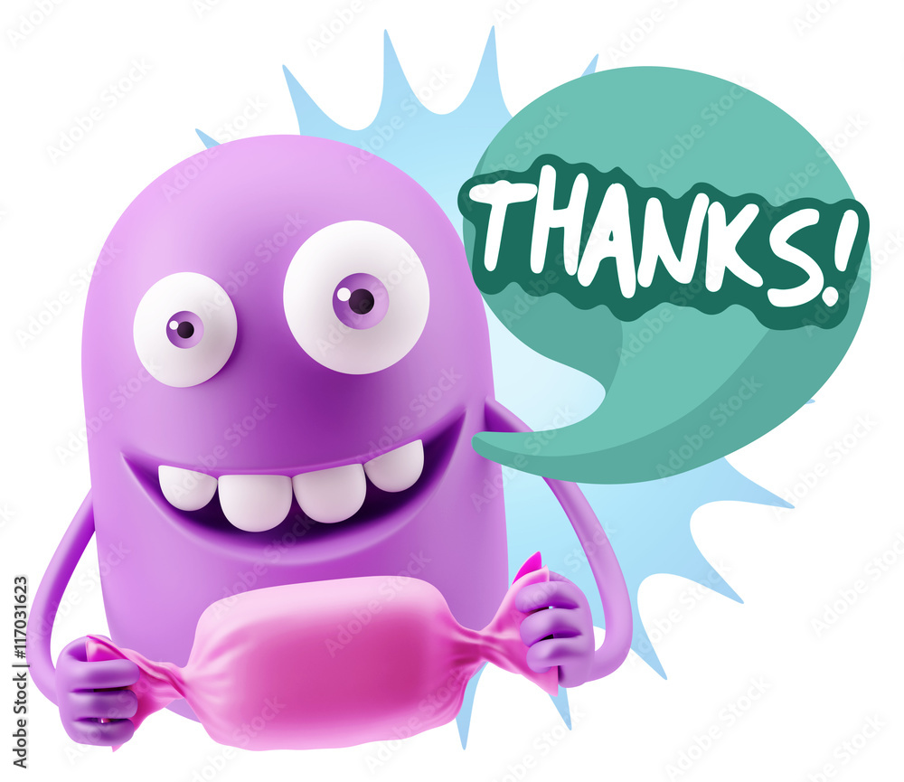 3d Rendering. Candy Gift Emoticon Face saying Thanks with Colorf 3d Rendering. Candy Gift Emoticon Face saying Thanks with Colorf