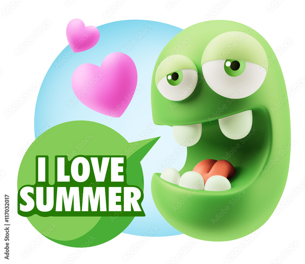 3d Rendering. Emoticon Face in Love saying I Love Summer with Co 3d Rendering. Emoticon Face in Love saying I Love Summer with Co