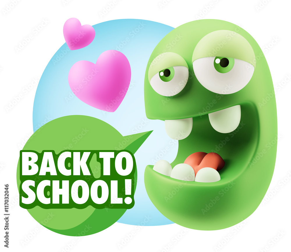3d Rendering. Emoticon Face in Love saying Back To School with C 3d Rendering. Emoticon Face in Love saying Back To School with C