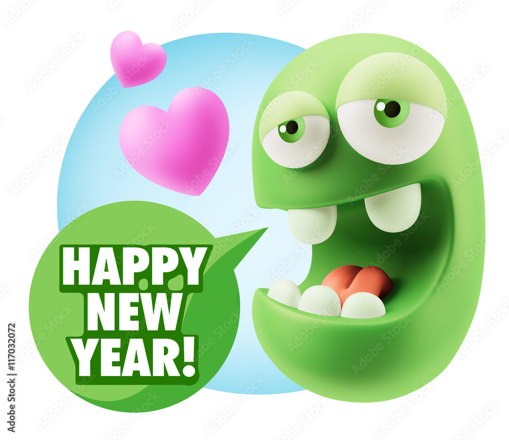 3d Rendering. Emoticon Face in Love saying Happy New Year with C 3d Rendering. Emoticon Face in Love saying Happy New Year with C