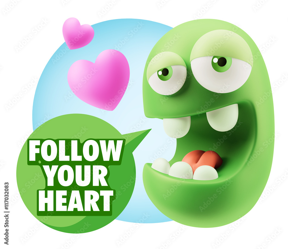 3d Rendering. Emoticon Face in Love saying Follow Your Heart wit 3d Rendering. Emoticon Face in Love saying Follow Your Heart wit